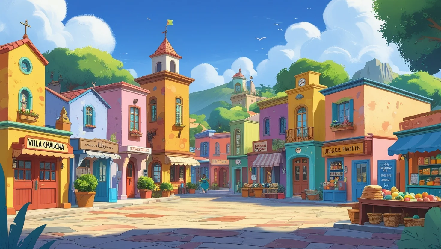 Ilustración de Villa Chaucha, un colorido pueblo del universo Mi Primera Chaucha